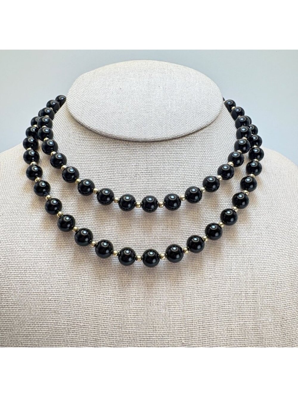 Black Onyx Vintage 7mm Alternating 10K Gold Bead Necklace No Clasp 20" Length